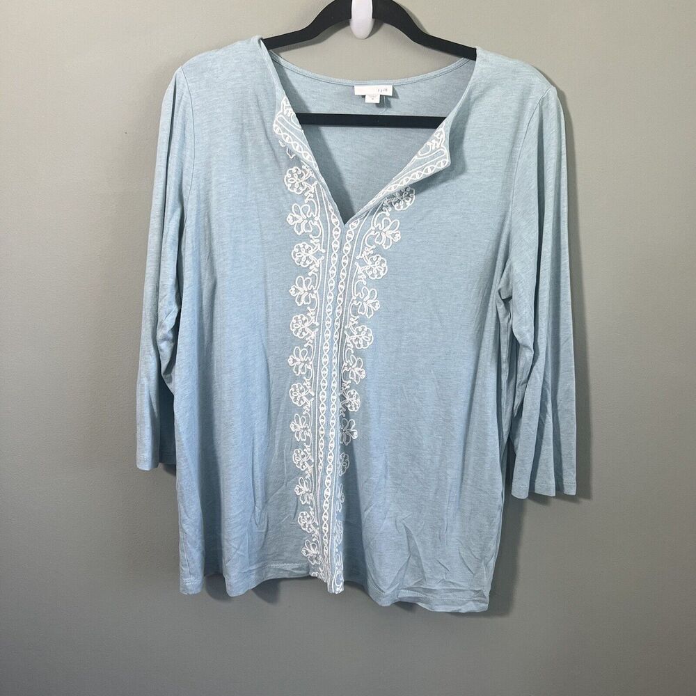 J. Jill 3/4 Sleeve Baby Blue Chic Embroidered V-Neck Tunic Top, Size Medium